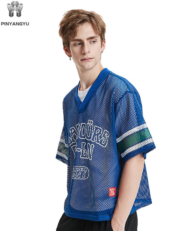 Camiseta de malha macro personalizada, camiseta de malha respirável com furos grandes para esportes e verão